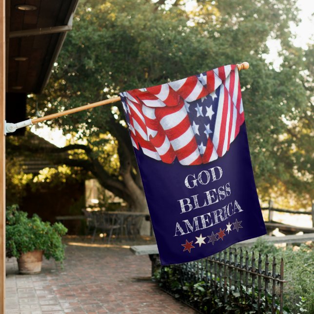 Custom Patriotic Red White Blue Stars Bunting House Flag (In SItu)
