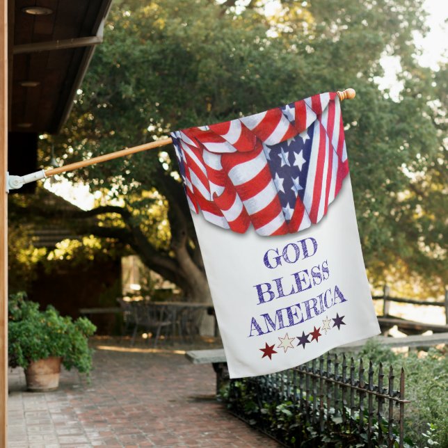 Custom Patriotic Red White Blue Stars Bunting House Flag (In SItu)