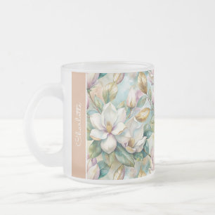 Custom Pattern Elegant Magnolia Flowers Frosted Glass Coffee Mug