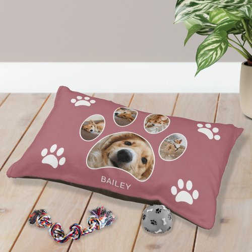 Custom Paw Print Name Photo Collage Rose Gold Pink Pet Bed