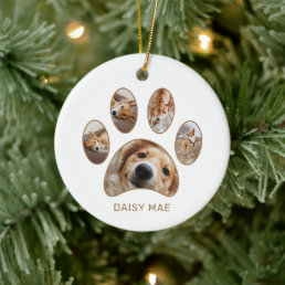 Custom Paw Print Pet Name Year Photo Collage Ceramic Ornament