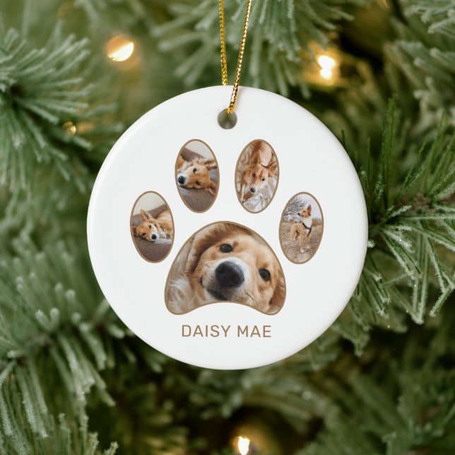 Custom Paw Print Pet Name Year Photo Collage Ceramic Ornament (Tree)