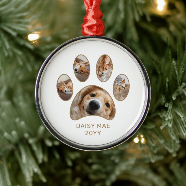 Custom Paw Print Pet Name Year Photo Collage Metal Ornament (Tree)