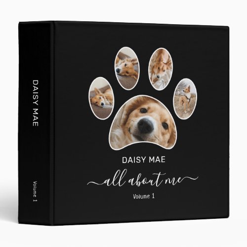 Custom Paw Print Pet Photo Collage Name Black 3 Ring Binder