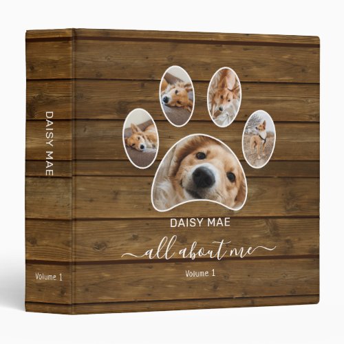 Custom Paw Print Pet Photo Collage Name Rustic 3 Ring Binder