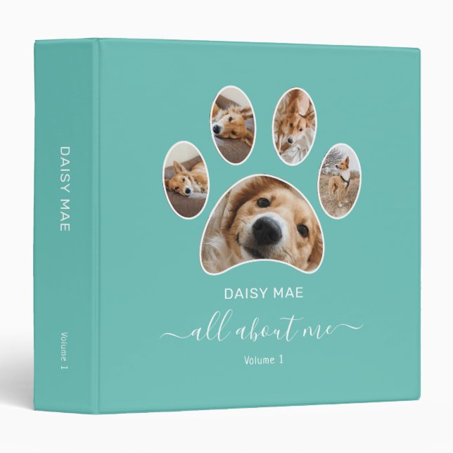 Custom Paw Print Pet Photo Collage Name Teal 3 Ring Binder (Front/Spine)