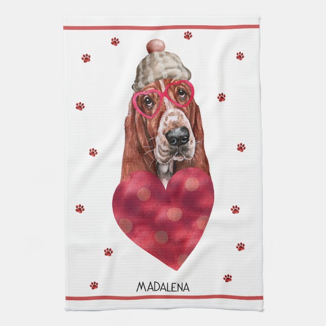 Custom Paws Dog Lover Valentine Gift Basset Hound Kitchen Towel (Vertical)