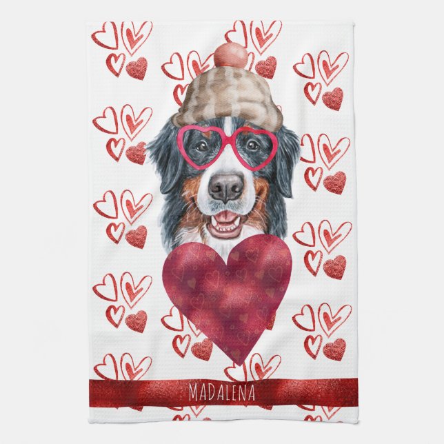 Custom Paws Dog Lover Valentine Gift Bernese Kitchen Towel (Vertical)