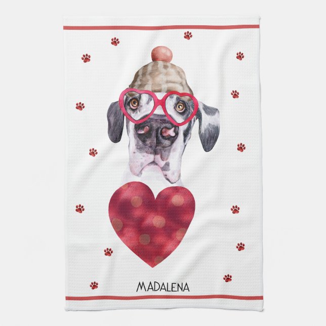 Custom Paws Dog Lover Valentine Gift Great Dane Kitchen Towel (Vertical)