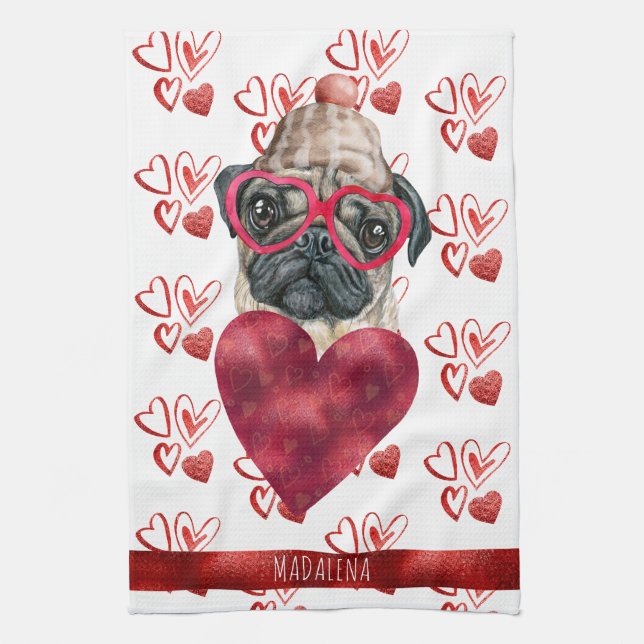 Custom Paws Dog Lover Valentine Gift Pug Kitchen Towel (Vertical)