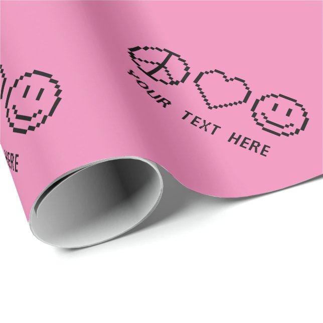 Custom PEACE LOVE HAPPINESS pink pixel art Holiday Wrapping Paper (Roll Corner)