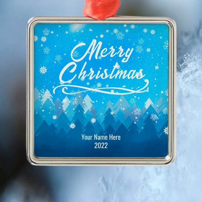 Custom Peaceful Blue Snow Forest Merry Christmas Metal Ornament (Creator Uploaded)