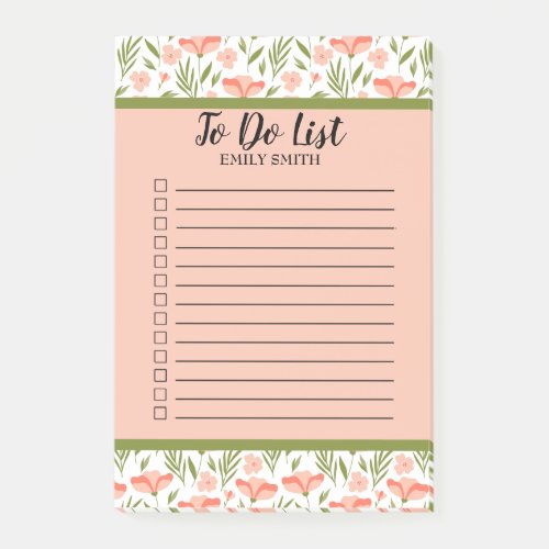Custom Peach Floral Green White Checkbox To Do Post_it Notes