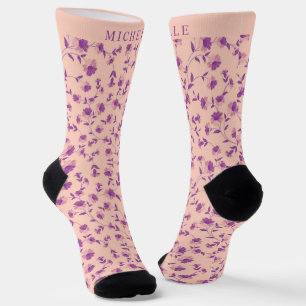 Custom Peach Pink Floral Purple Flowers Socks