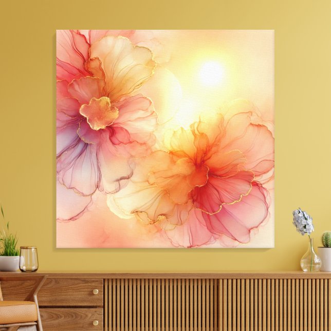 Custom Peach Raspberry Floral Alcohol Ink Art Canvas Print (Insitu(LivingRoom))