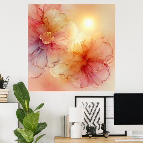 Custom Peach Raspberry Floral Alcohol Ink Art Poster