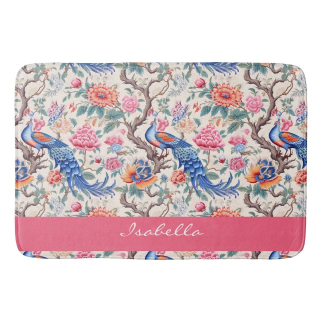 Custom Peacock Chinoiserie Asian Floral Landscape Bath Mat (Front)