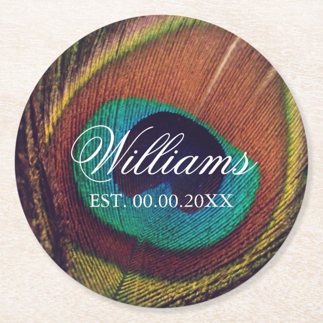 Custom peacock feather peafowl eye wedding party round paper coaster (Front)