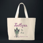 Custom Peacock Feather Teal Purple Bride Large Tote Bag<br><div class="desc">This custom bride tote bag with its teal green and purple peacock feathers and a place to put a name,  wedding role,  and wedding date makes a sweet wedding gift for a bride to be.  Add her name and wedding date!</div>