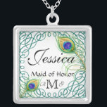 Custom Peacock Personalized Maid of Honor Necklace<br><div class="desc">Featuring two hand painted peacock feathers and a frame of calligraphic swirls, this design is both contemporary and timeless! Change the date, change the font if you like another better and then select your swirl color by changing the background color and you have an awesome bridal party gift or wedding...</div>