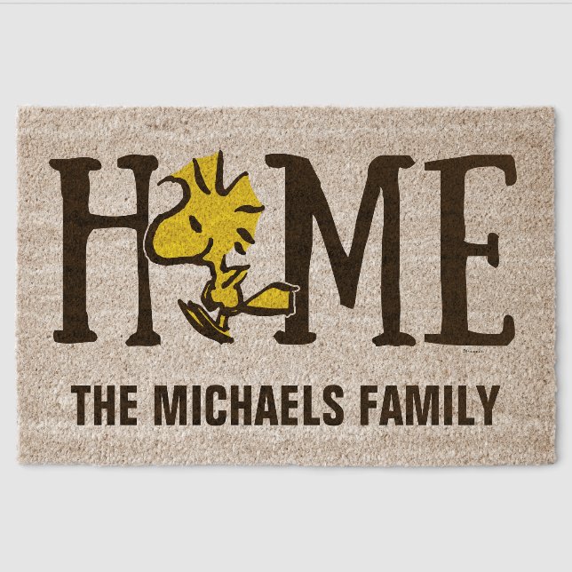 Custom Peanuts Woodstock Jumping HOME Fiber Doormat (Front)