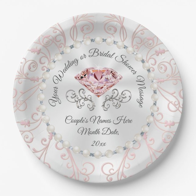 Custom Pearls and Blush Pink Diamond Paper Plates (Front)