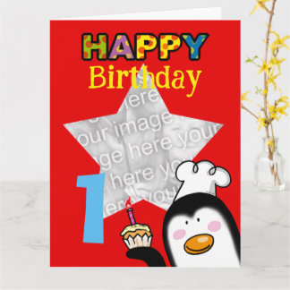 Custom Penguin 1st Birthday Photo Card