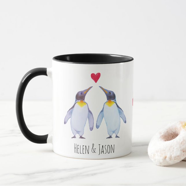 Custom Penguin Couple Names Personalized Mug (With Donut)