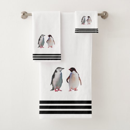 Custom Penguins  Three Black Stripes on White Bath Towel Set