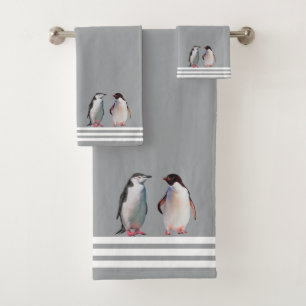 Custom Penguins & Three Stripes on Light Gray Bath Towel Set