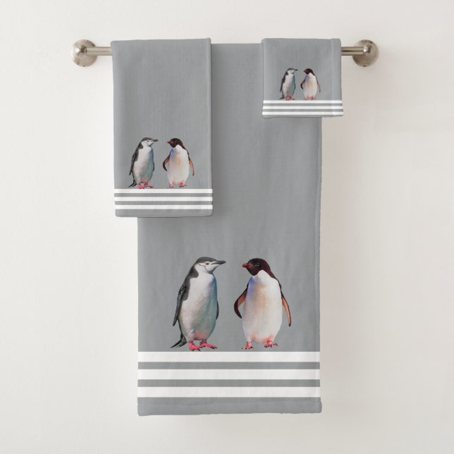 Custom Penguins & Three Stripes on Light Gray Bath Towel Set (Insitu)
