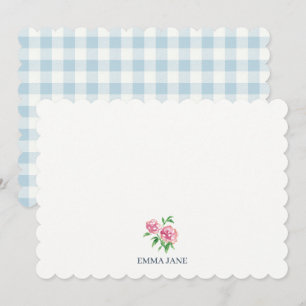 Custom Peonies Painting Blue Gingham Stationary Thank You Card