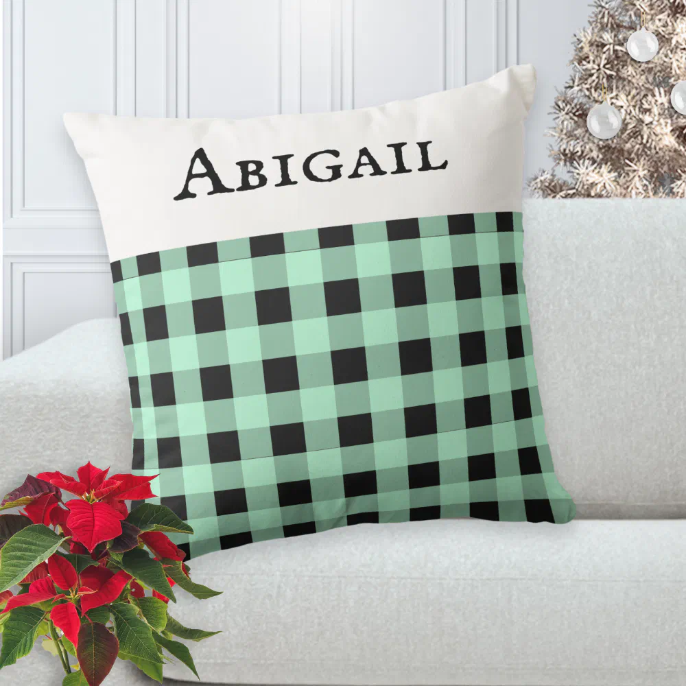 Custom Peppermint Xmas Buffalo Plaid Check Pattern Throw Pillow