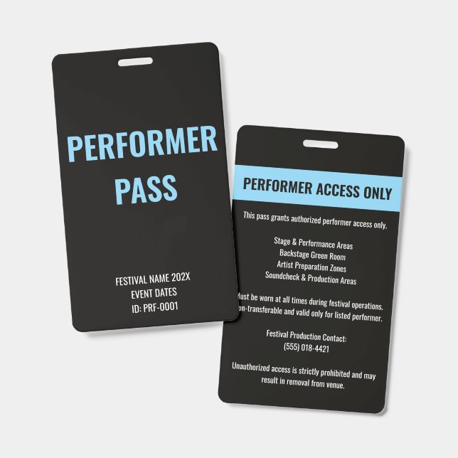 Custom Performer Artist Access Concert ID Blue Badge (Front & Back)