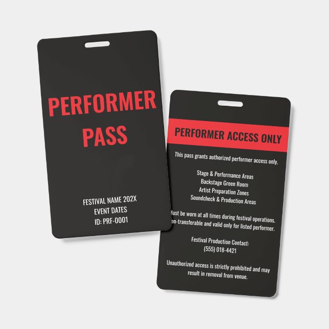 Custom Performer Artist Access Concert ID Red Badge (Front & Back)