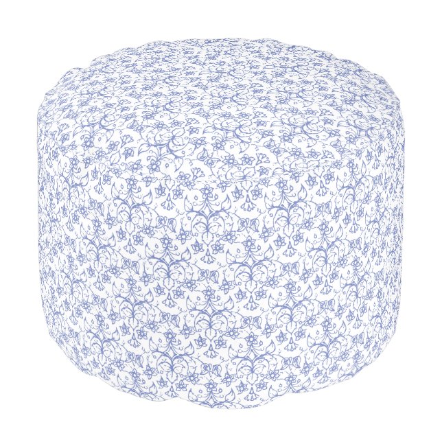 Custom Periwinkle Blue on White Decorative Floral Pouf (Angled Front)