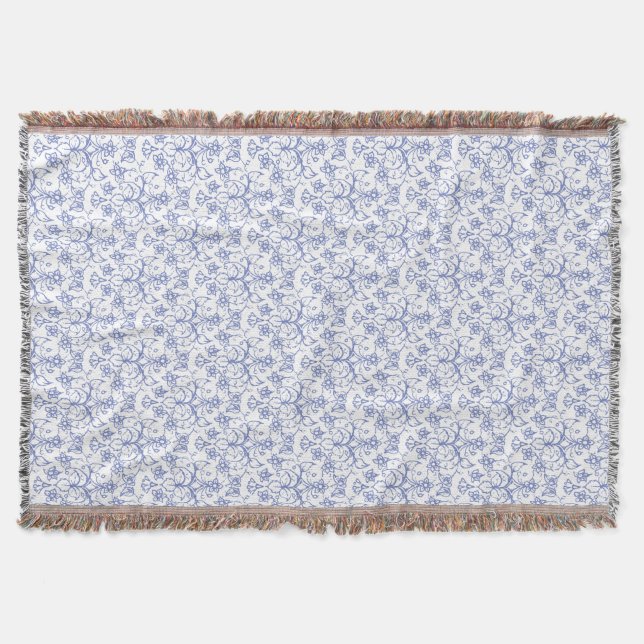 Custom Periwinkle Blue on White Decorative Floral Throw Blanket (Front)
