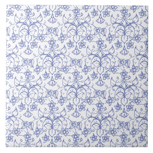 Custom Periwinkle Blue on White Decorative Floral Tile (Front)
