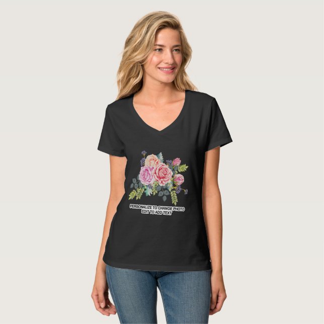 Custom Personalize Photo Artwork Quote Dark V-Neck T-Shirt (Front Full)