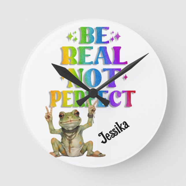 Custom Personalize Positive boho frog Hippie  Round Clock (Front)