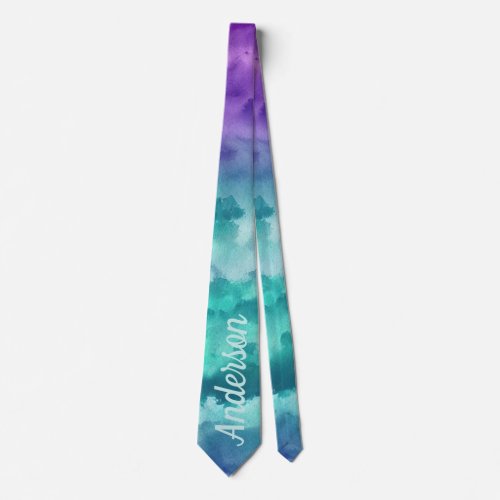 Custom personalize purple teal Gradient Watercolor Neck Tie