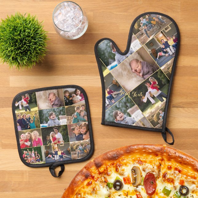 Custom Personalized 17 Photo Collage Gold Monogram Oven Mitt & Pot Holder Set (Custom Personalized 17 Photo Collage Gold Monogram Oven Mitt & Pot Holder Set)