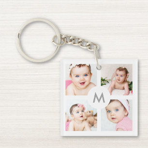 Custom Personalized 8 Photo Collage Monogram White Keychain