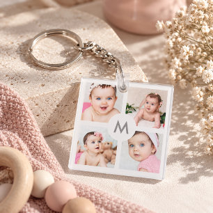 Custom Personalized 8 Photo Collage Monogram White Keychain