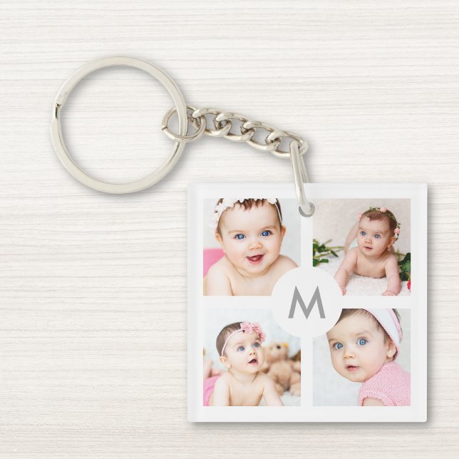 Custom Personalized 8 Photo Collage Monogram White Keychain (Creator Uploaded)