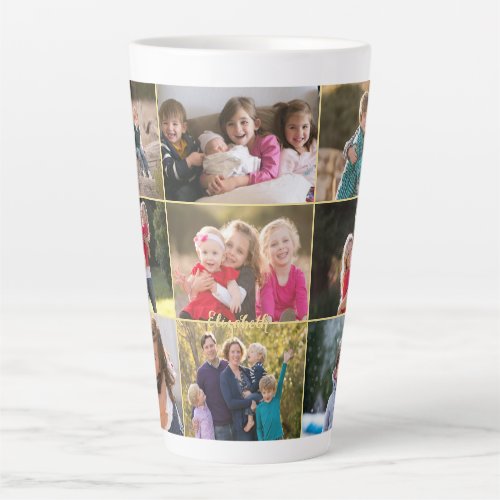 Custom Personalized 9 Photo Collage Gold Monogram Latte Mug