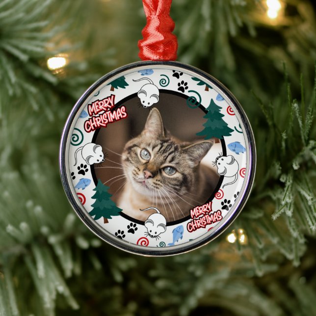 Custom Personalized Cat Pet Photo Christmas Metal Ornament (Tree)