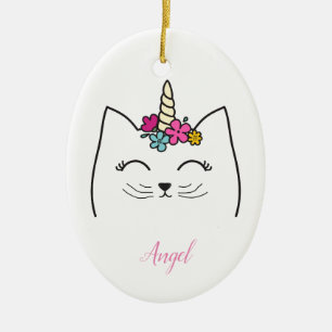 Custom Personalized Children's Cat Unicorn Ceramic Ornament