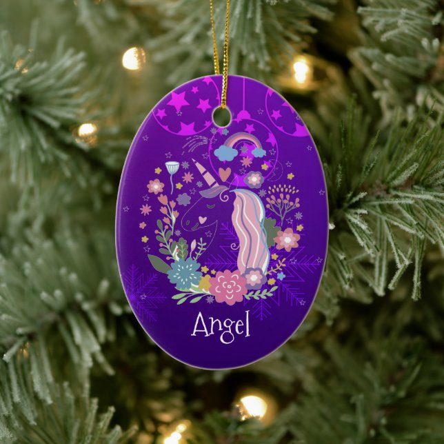 Custom Personalized Christmas Purple Unicorn Ceramic Ornament (Tree)