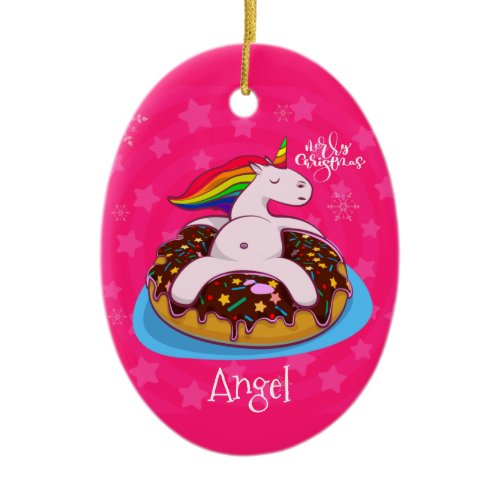 Custom Personalized Christmas Unicorn Pink Ceramic Ornament